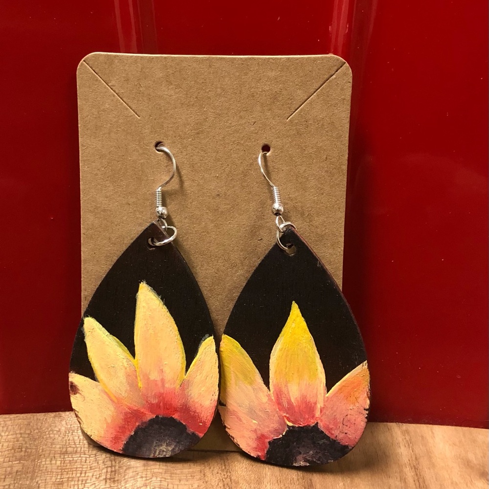 Handpainted sunflower wooden earrings